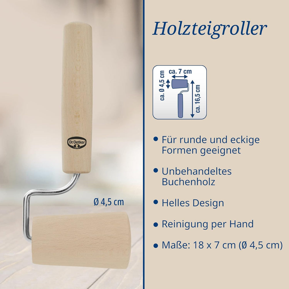 Dr. Oetker Teigroller aus Holz – Teigrolle aus high quality Buchenholz – Perfekt für round und eckige Formen – cca. 18 x 7 cm, Rolle Durchmesser ca. 4,5 cm