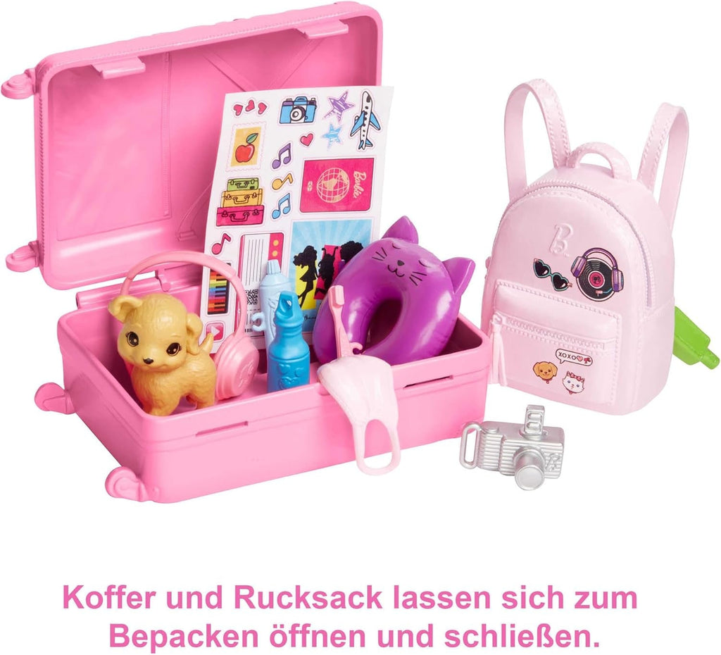 Păpușă Barbie, Travel Barbie cu păr blond, 10+ accesorii de călătorie, autocolante, valiză, cățeluș, incl. 1 păpușă, cadou pentru copii, jucărie de la 3 ani,Hjy18 Papusi Naty Shop