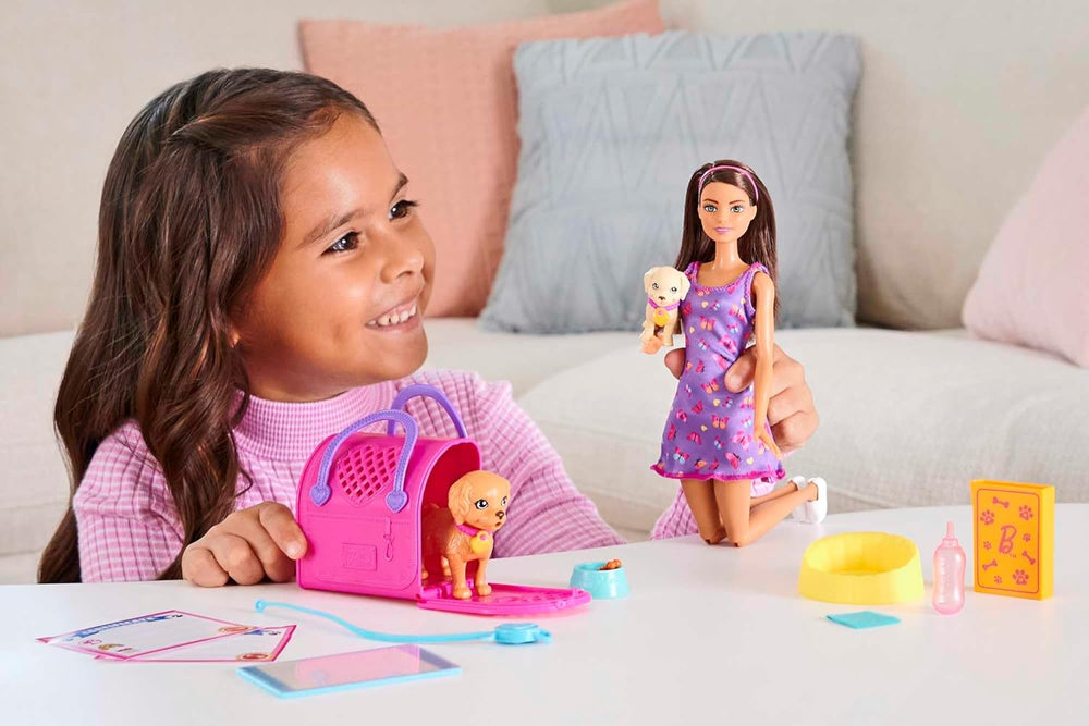 Adopție Cățeluș Barbie - Păpușă și 2 căței, cu certificate de adopție, efect de schimbare a culorii, cușcă și accesorii, pentru copii cu vârsta de 3 ani și peste, 86 HKD