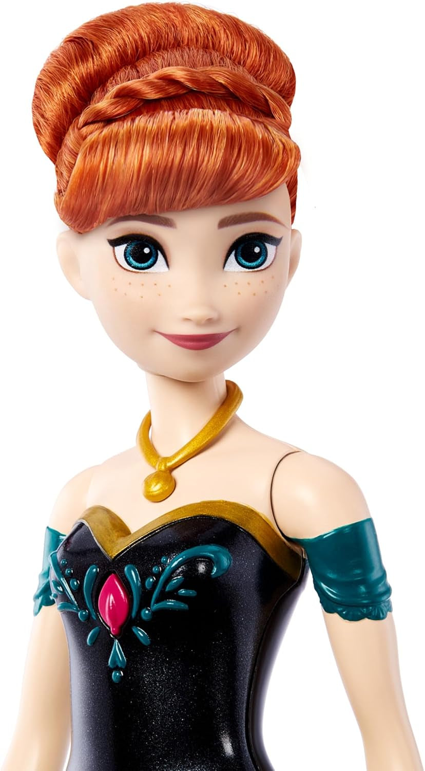 Jucării Mattel din Disney Frozen, păpușă de modă Anna cântătoare în ținută emblematică, cântă „Pentru prima dată” din filmul Disney în engleză, franceză, germană, italiană, JDL59