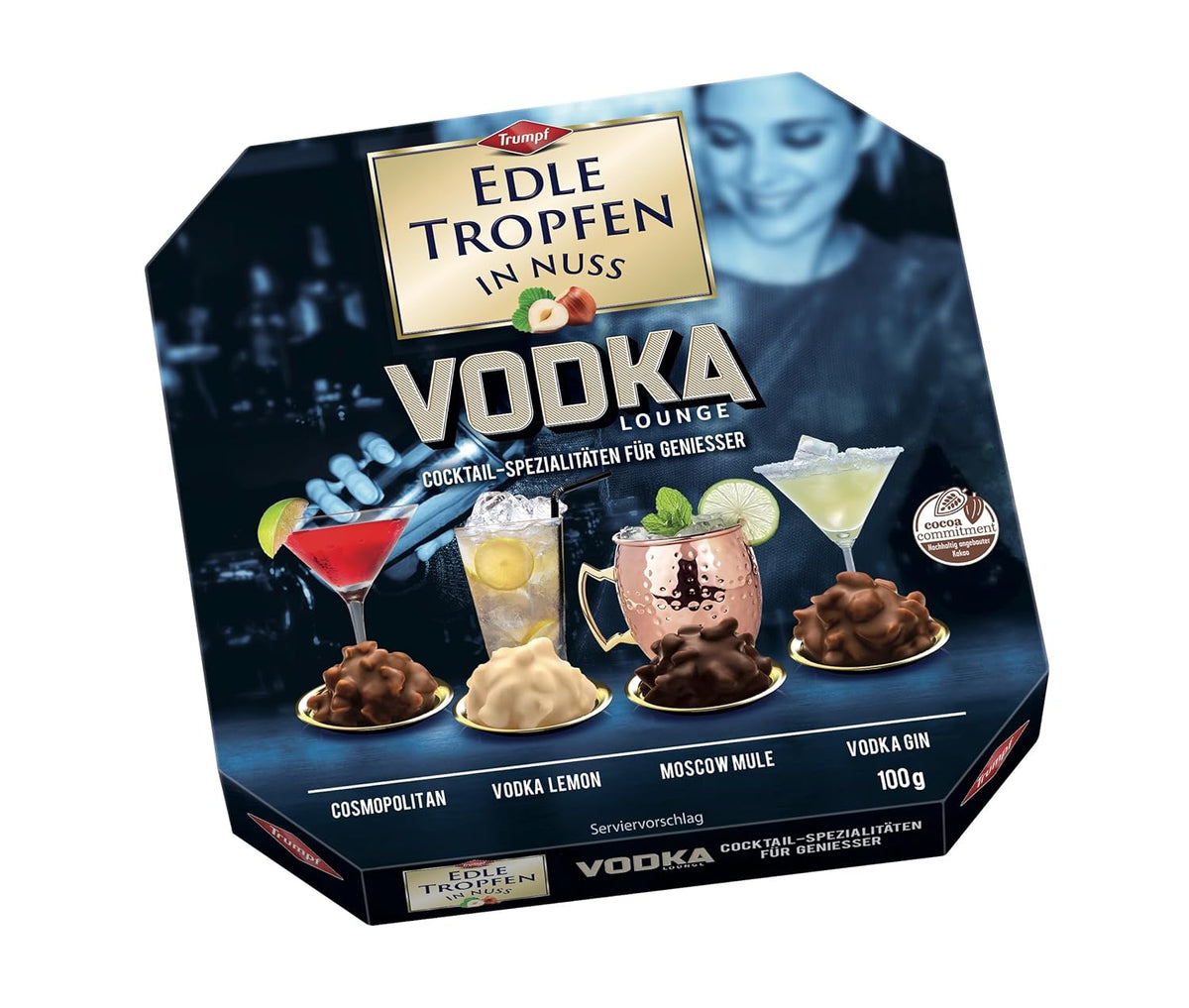 Edle Tropfen v Nuss Vodka Lounge 100g, tekuté čokoládové pralinky s polevou z mléčné čokolády a křupavými kousky lískových oříšků