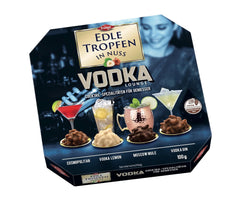 Edle Tropfen v Nuss Vodka Lounge 100g, tekuté čokoládové pralinky s polevou z mléčné čokolády a křupavými kousky lískových oříšků