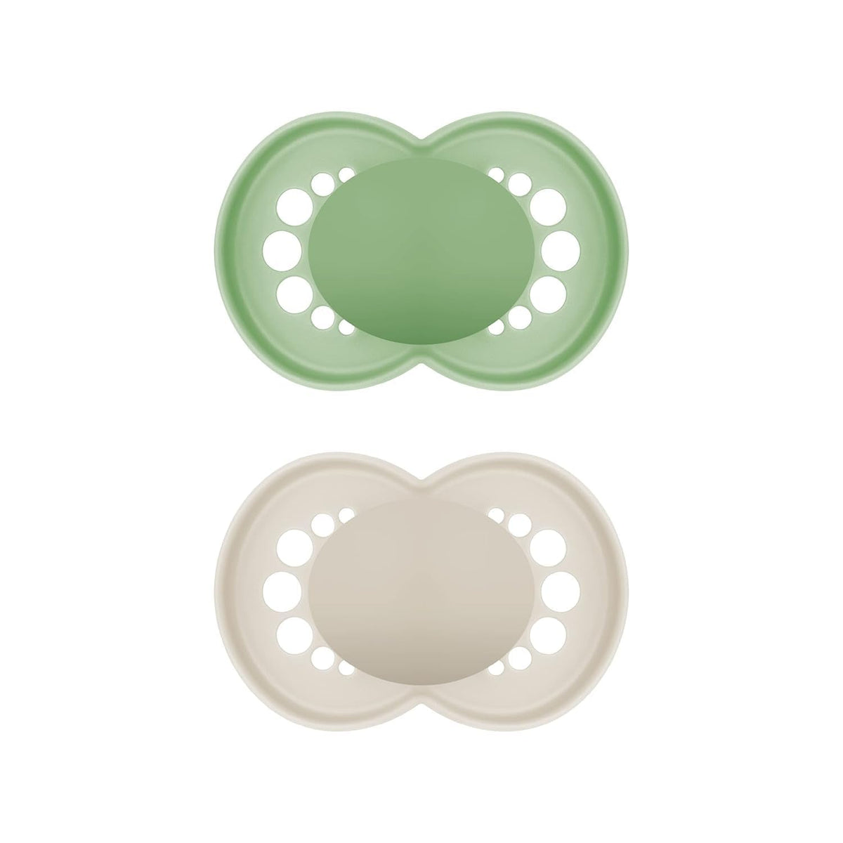 Suzete MAM Original, pachet de 2, suzete pentru bebeluși prietenoase cu dinții, fabricate din materiale sustenabile și bioregenerabile, tetine din silicon MAM SkinSoft, cu cutie pentru suzetă, 6-16 luni, verde/bej