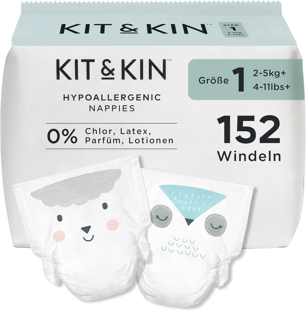 Plenky Kit & Kin Premium, velikost 4 (9–14 kg), počet 128, rostlinné a hypoalergenní, spolehlivá ochrana proti úniku, veganské a bez krutosti