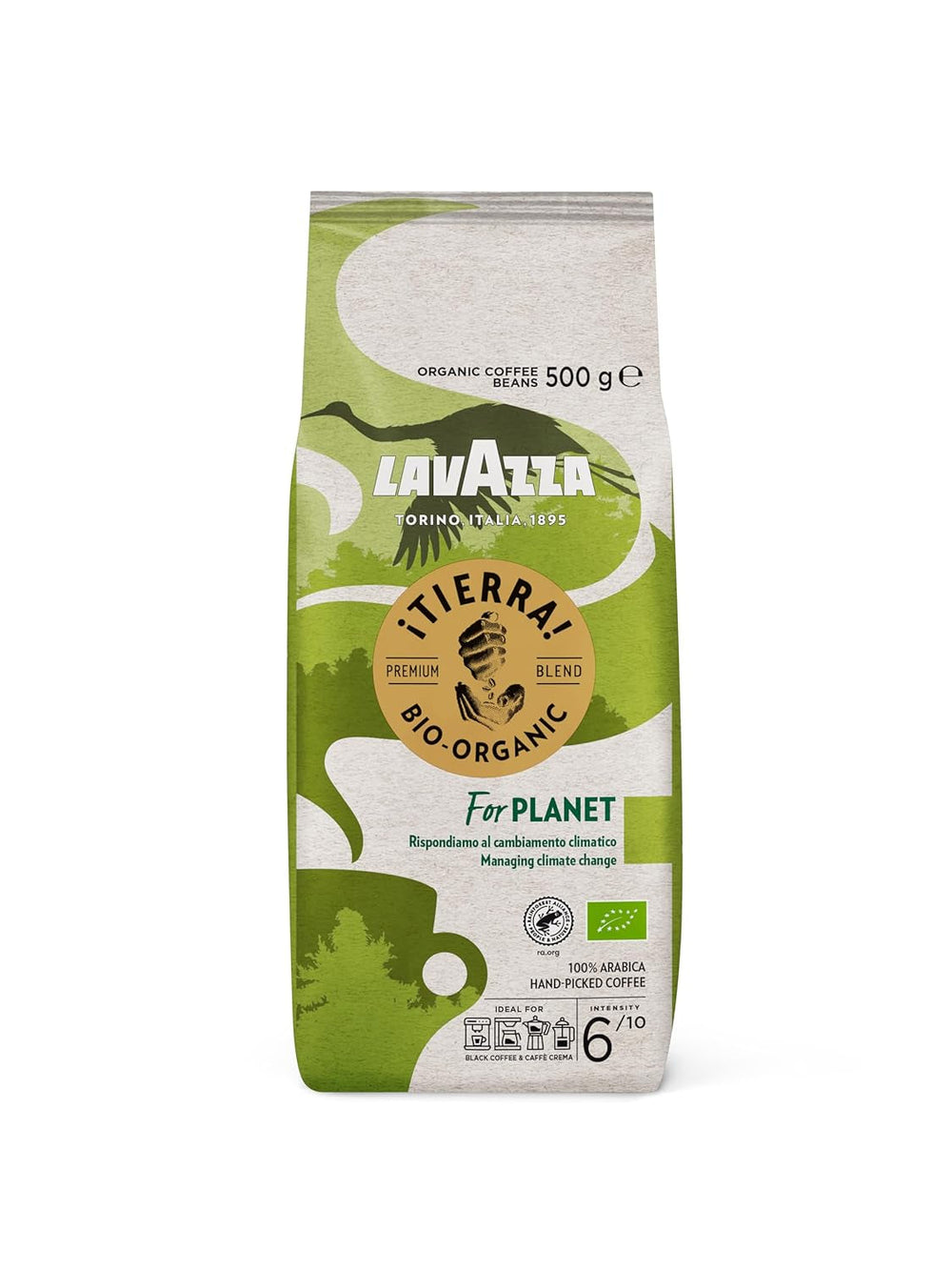 Lavazza, Tierra for Africa, 100% boabe de cafea organică, Ideal pentru espressoare, Aromă puternică și corpolentă, Intensitate 9/10, Arome de nuci, Prăjire medie Cafea Naty Shop 500 grame Planet