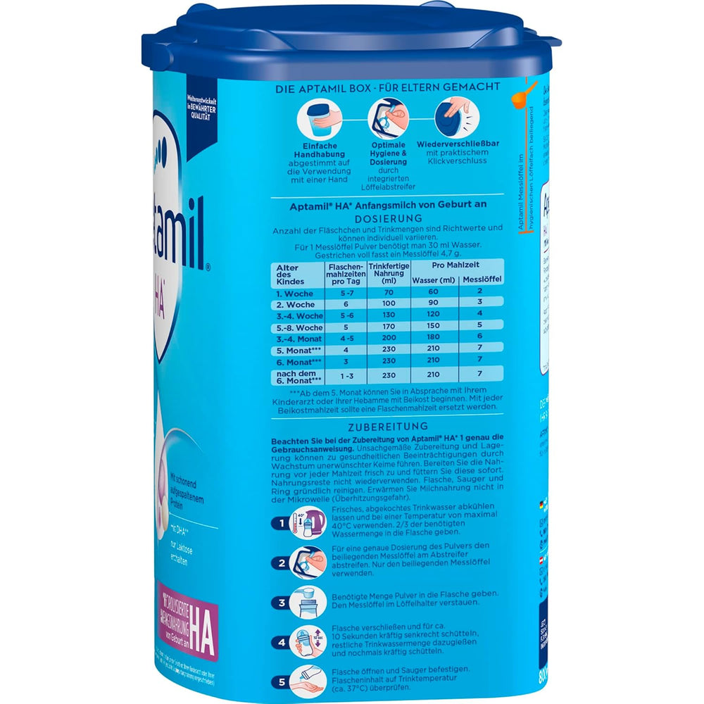 Aptamil HA 1 – Anfangsmilch von Geburt an, Mit DHA, Nur Lactose, Ohne Palmöl, Babynahrung, Milchpulver, 1x 800 g (Backung mit 4)