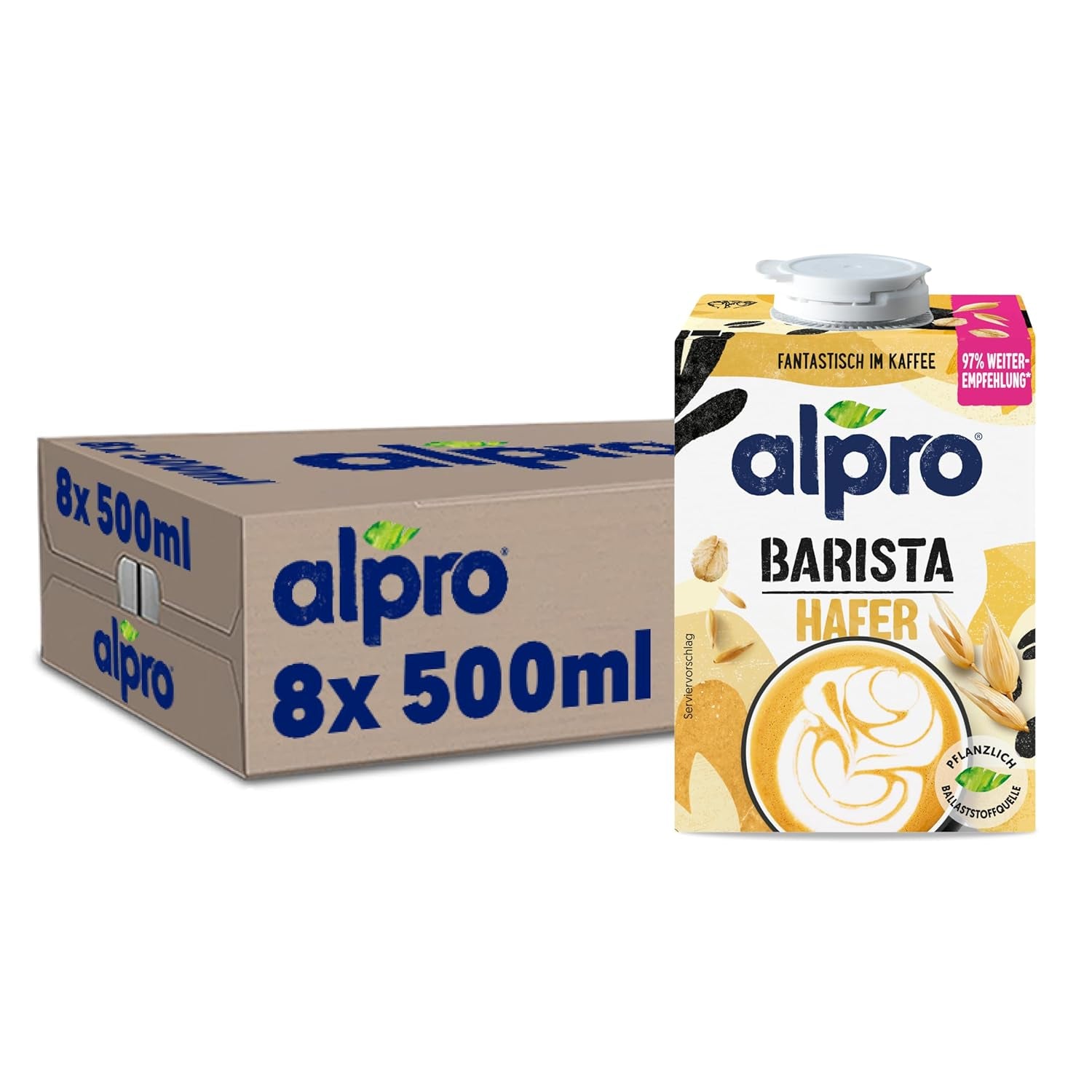 Alpro Barista Haferdrink – Zum Aufschäumen – Vegan und Milchfrei – Von Natur aus laktosefrei – Bohatý na balastní látky, vápník a vitamíny – 8 x 1 L – Haltbar