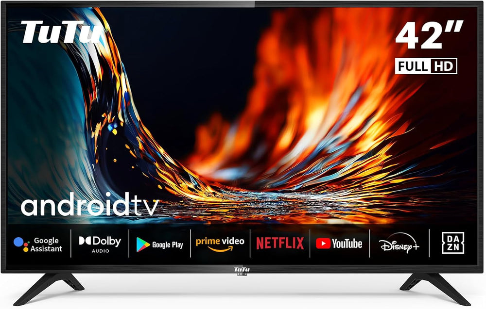TuTu TUS43UQ1A Smart TV 43 inch (108 cm) 4K UHD LED TV Android TV cu WLAN, HDR, triplu tuner DVB-C/S/S2/T/T2, Bluetooth, Prime Video, Netflix, YouTube, DAZN, Disney+