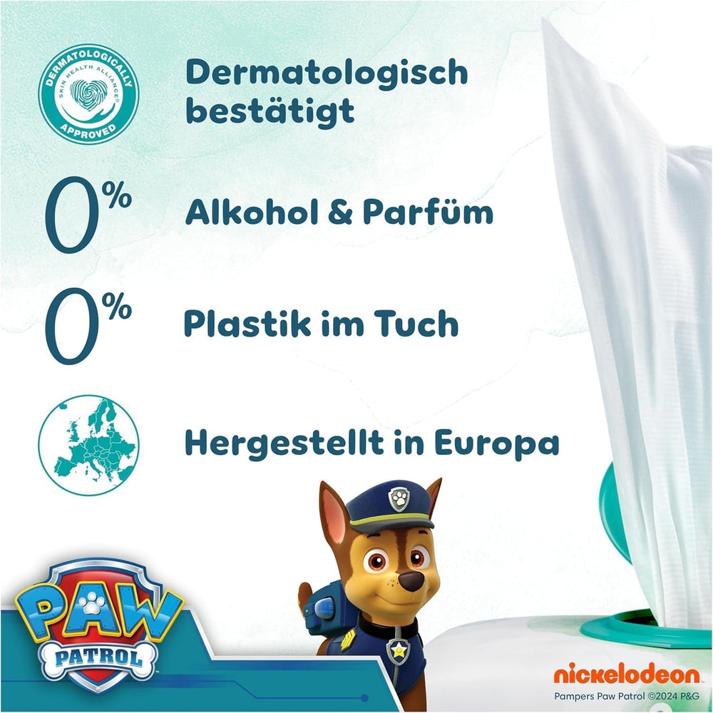Șervețele umede Pampers Harmony Aqua pentru bebeluși, Patrula Cățelușilor, 15 pachete a câte 48 de șervețele, 720 de șervețele umede pentru bebeluși care ajută la restabilirea echilibrului natural al pH-ului pielii, loțiune ușoară cu 99% apă