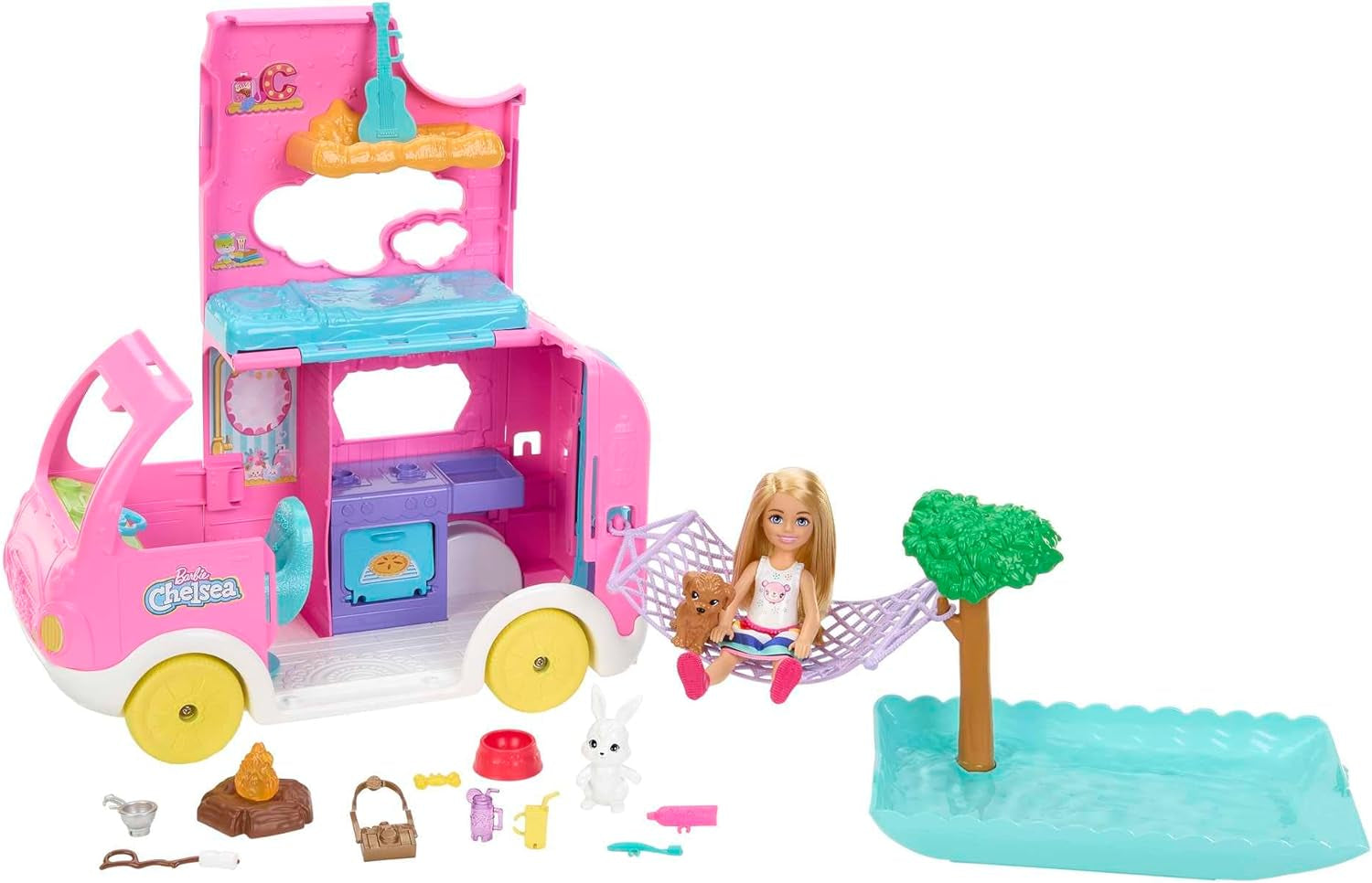 Barbie Chelsea Series, Chelsea Car And Camper Set cu 10+ Barbie Camping Accessories, 1X Chelsea Doll, Teal Car And Pink Mini Camper, Cadouri pentru copii 3+ ani, Fxg90 Papusi Naty Shop Barbie Chelsea 2-in-1 camper - vehicul de jucărie Chelsea Camper