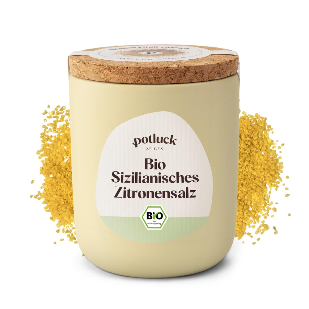 Potluck | Bio Sizilianisches Zitronensalz | Gewürzsalz für Fisch, Meeresfrüchte, Gemüse, salát a dresinky | 140 g v Keramiktopfu