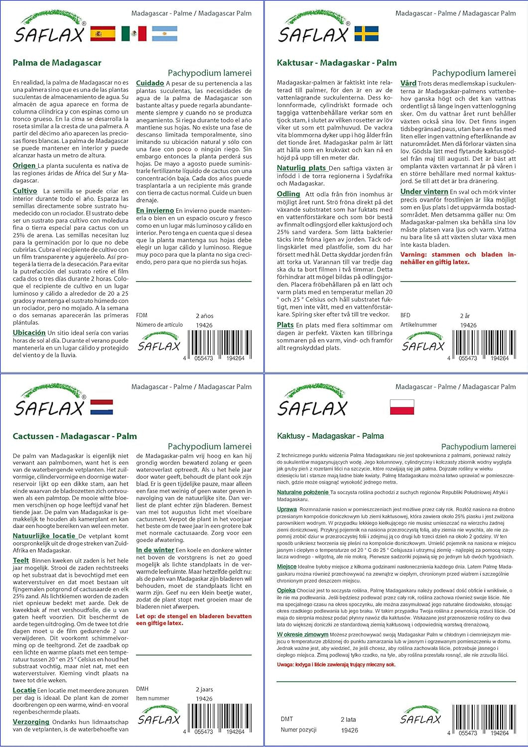 SAFLAX - Geschenk Set - Kakteen - Madagascar - Palme - 10 Samen - Mit Geschenk- / Versandbox, Versandaufkleber, Geschenkkarte Und Anzuchtsubstrat - Pachypodium Lamerei