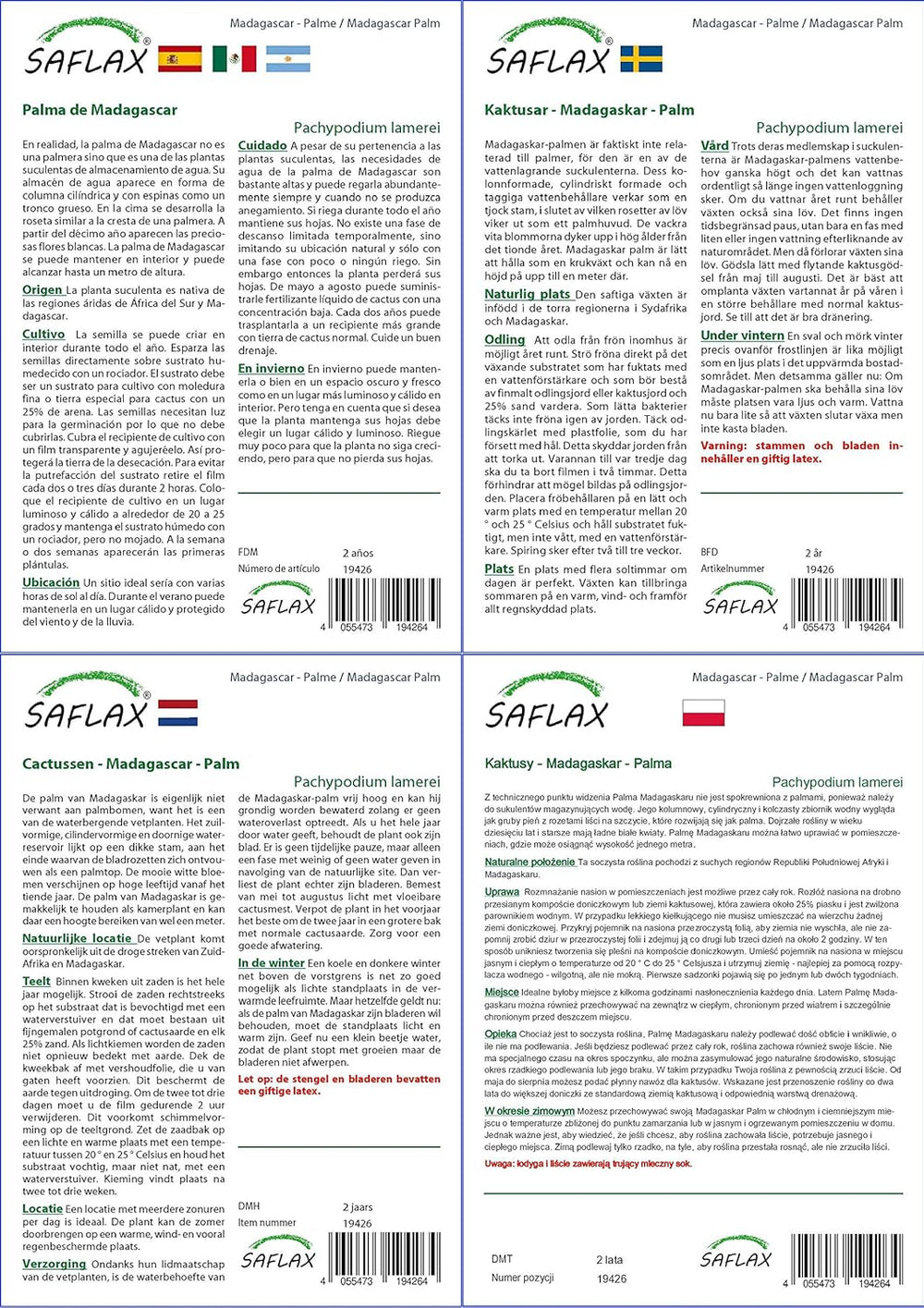 SAFLAX - Geschenk Set - Kakteen - Madagascar - Palme - 10 Samen - Mit Geschenk- / Versandbox, Versandaufkleber, Geschenkkarte Und Anzuchtsubstrat - Pachypodium Lamerei