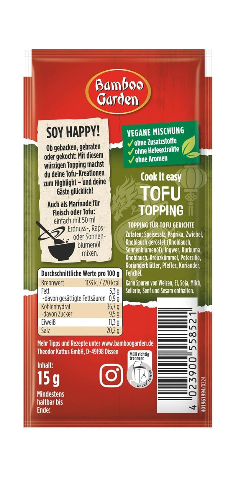 Bambusová zahrada - Tofu Tofu | Gewürztopping zum Verfeinern von Tofu Gerichten | Vegan, přírodní ingredience | 15 g v sáčku