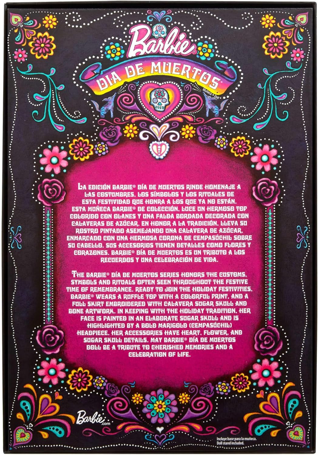 Păpușa Barbie Signature, figurină de colecție Día De Muertos 2024 cu rochie neagră și top albastru cu volane, imprimeu brodat și accesorii colorate, HRM72