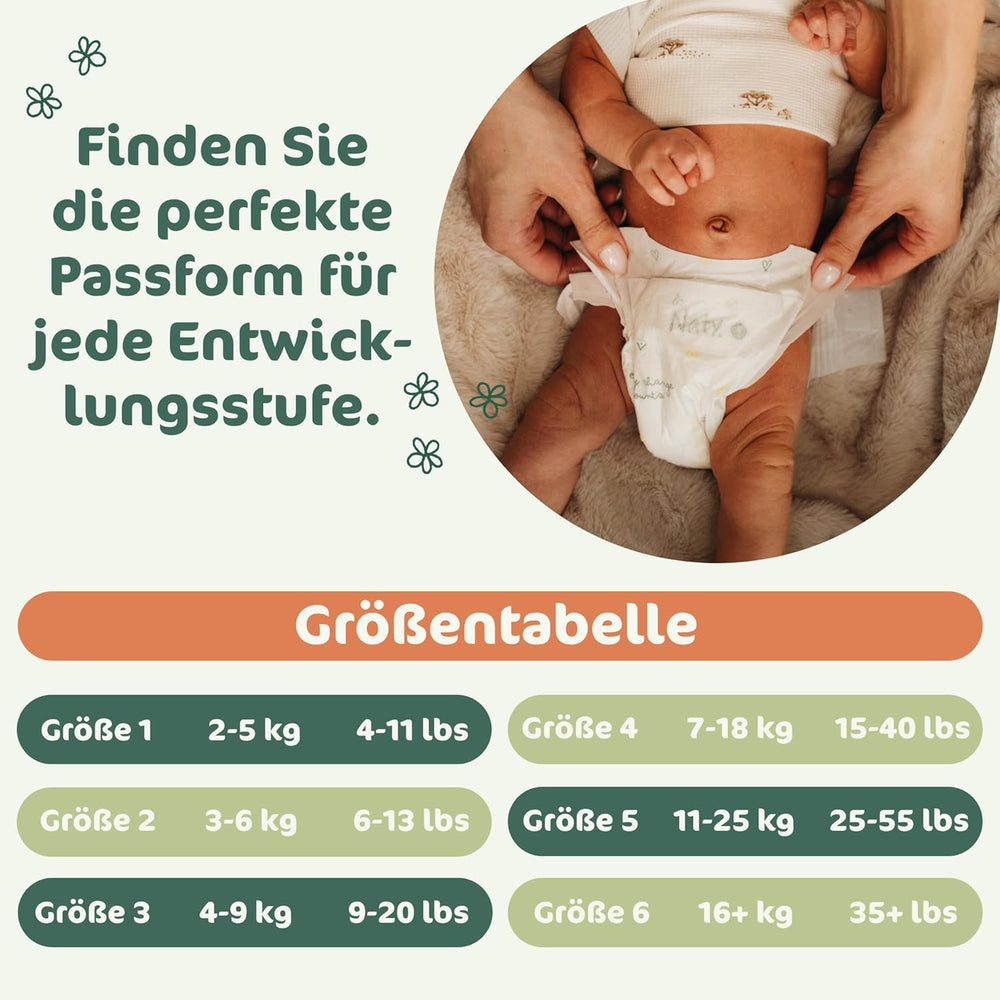 Dětské plenky Naty BioEmbrace, velikost 3 (4–9 kg) | 100% rostlinné materiály, šetrné k pokožce | Prodyšná měkkost, dermatologicky testováno, výborná vstřebatelnost | 100 ks.