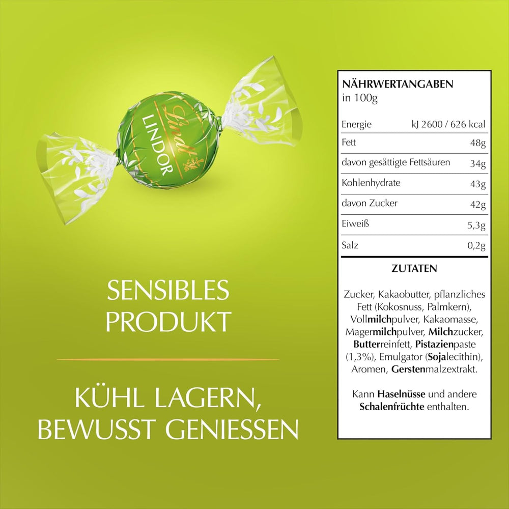 Lindt LINDOR Čokoláda s pistáciemi | 1 kg uzavíratelný sáček | cca. 80 mléčných čokoládových kuliček s pistáciovou krémovou náplní rozplývající se v ústech | Velké balení, pralinkový dárek