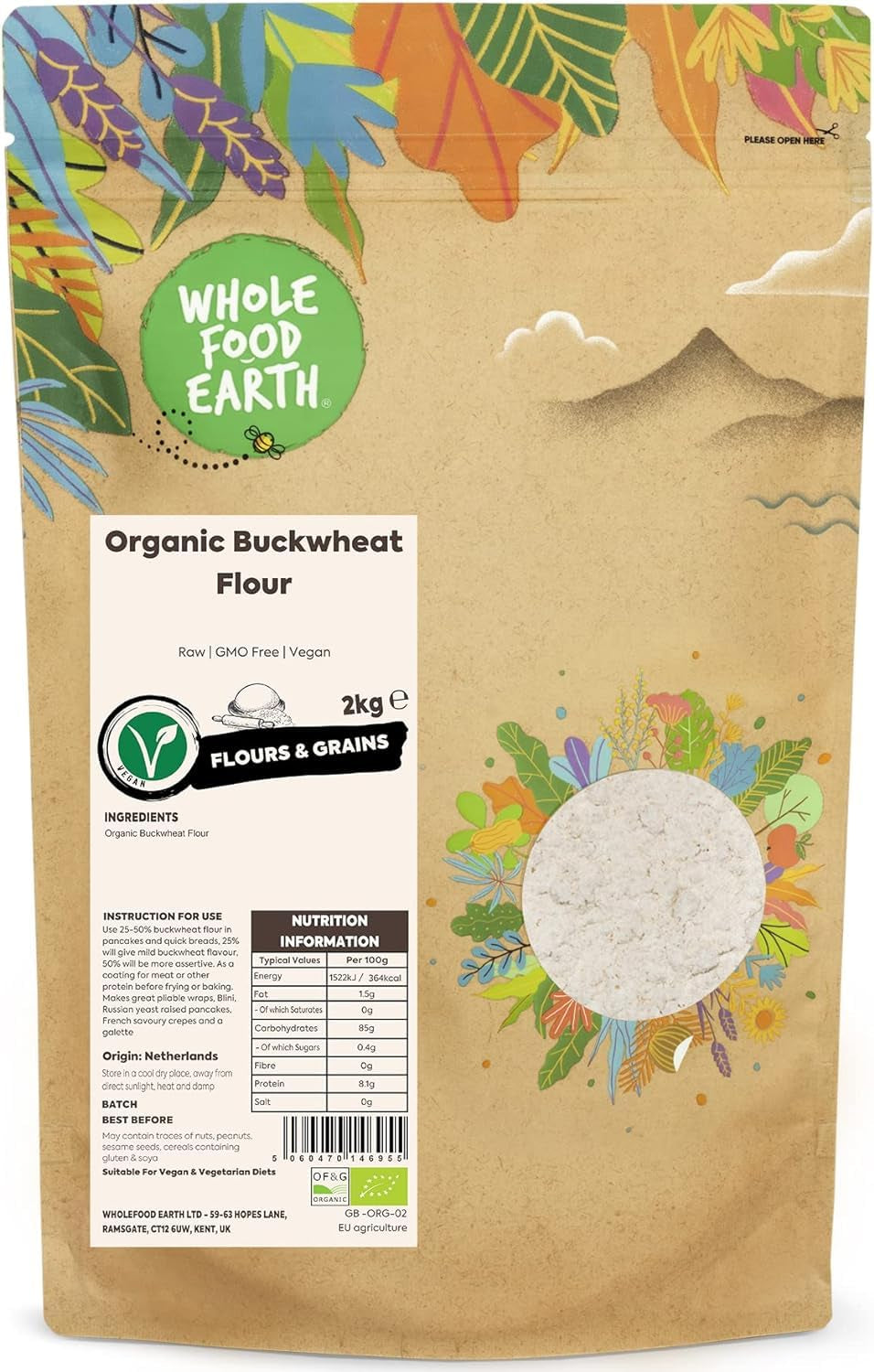 Wholefood Earth bio pohanková mouka 1kg | Krutý | Bez GMO | Vegan | Certifikované organické