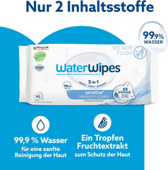 WaterWipes Sensitive+ vlhčené ubrousky pro novorozence a děti v počtu 240 (4 balení) 3 v 1 čištění, péče, ochrana, 99,9 % vody, bez parfemace