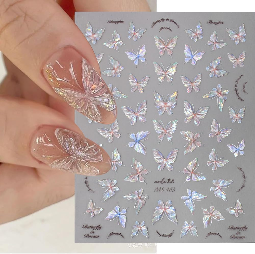 Glänzend Aurora Shell Schmetterling Nagelsticker Selbstklebend,Erleichterung Schmetterlinge Nail Sticker Rosa Laser Schmetterling Nagelaufkleber Für Frauen Nageldesign Zubehör Nagel Zubehör Nail Art