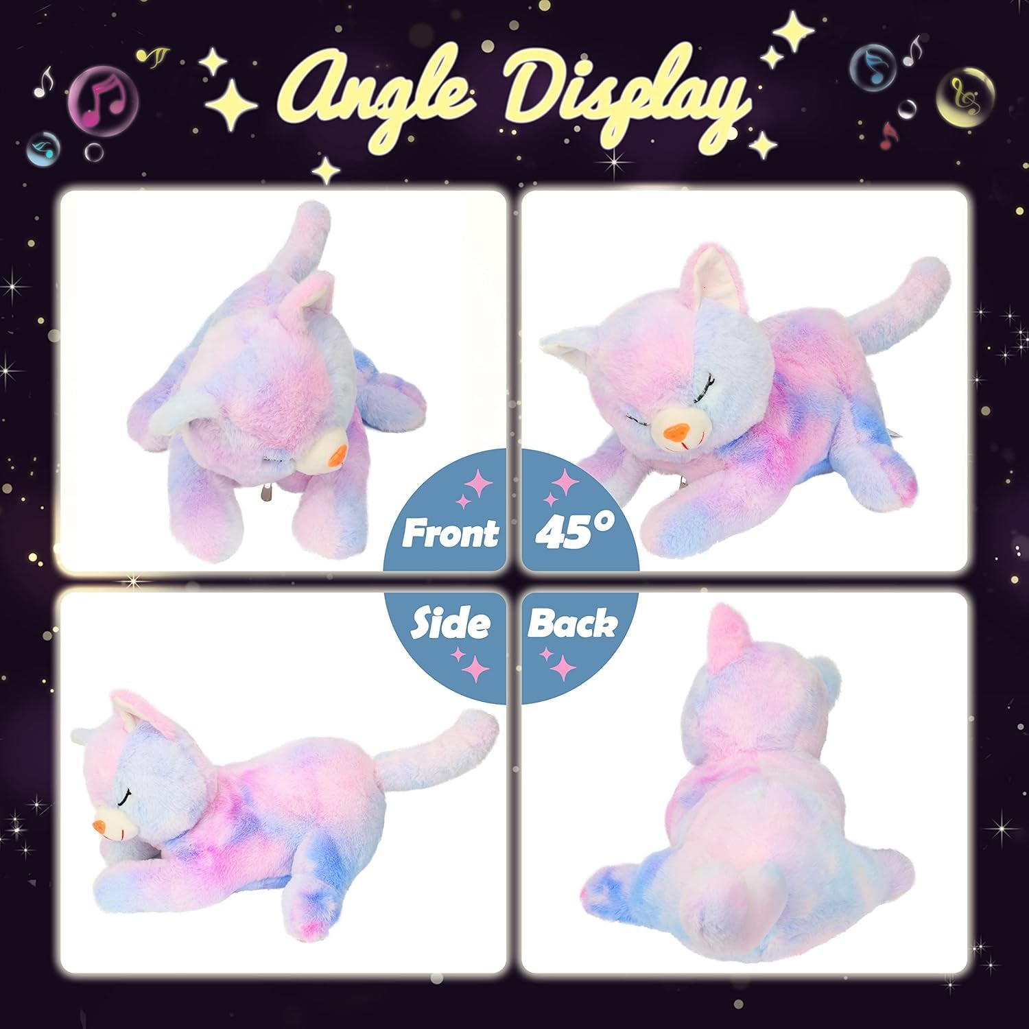 Pisică de pluș muzicală cu LED, jucărie cântătoare luminoasă, Mama Pisică cu 3 pisoi în burtă, cântec de leagăn animat, jucărie liniștitoare pentru mame, copii, fete mici, curcubeu, 45 cm