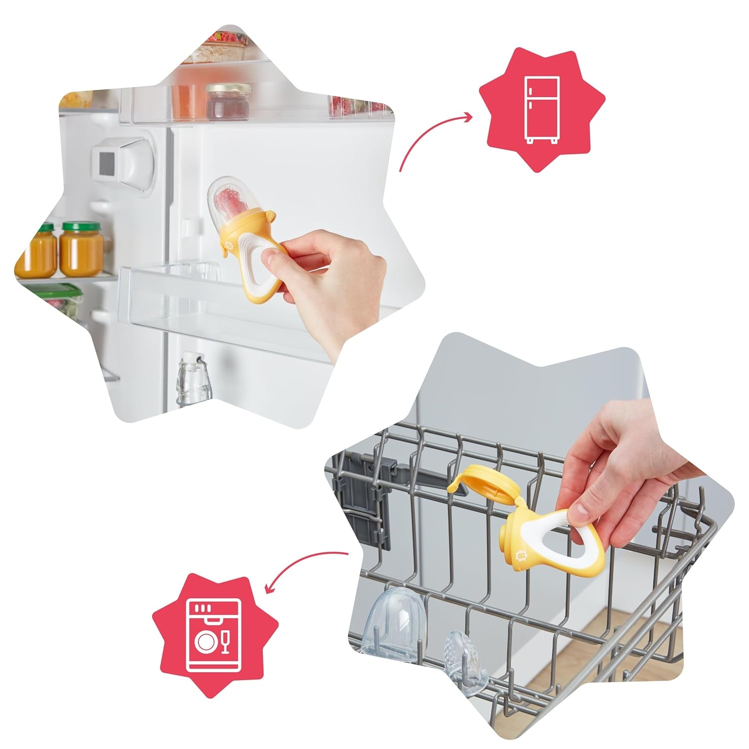 Hrănitoare pentru bebeluși Badabulle cu capac protector, mâner ergonomic, calmează gingiile și introduce arome noi, de la 4 luni, fără BPA