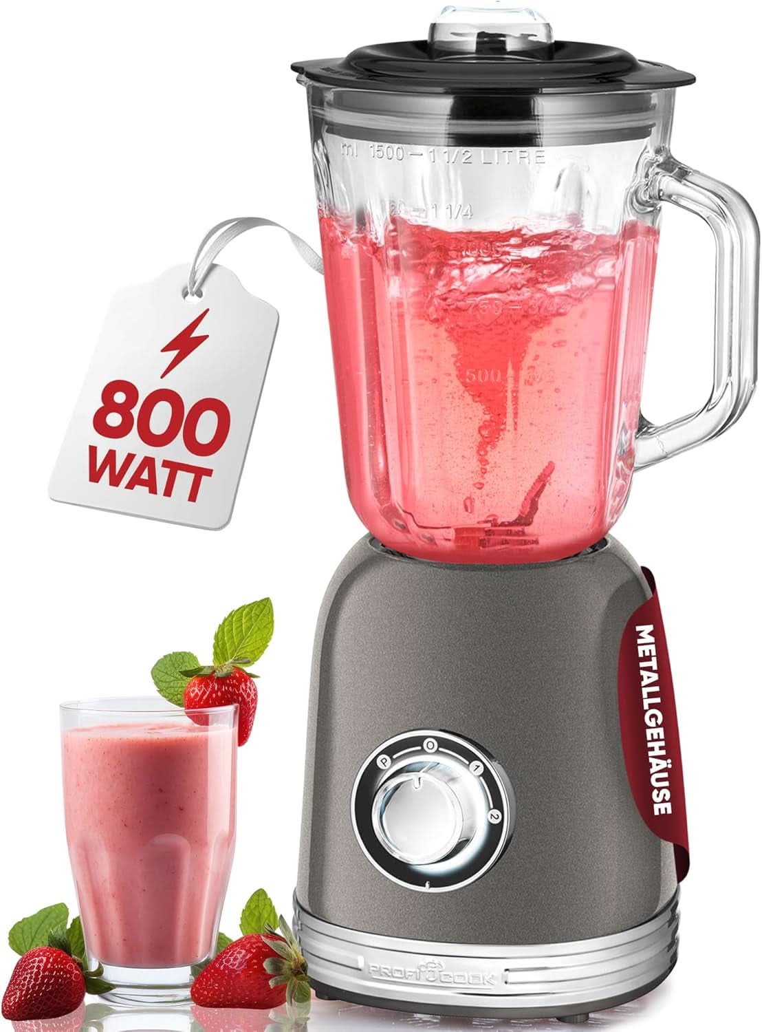 Proficook® Mixer Standmixer Mit Massivem 1.5L Glas-Behälter, Ice Crush & Turbo-Modus - Blender Mit 4Fach Piranha-Messer Aus Edelstahl - Hochleistungsmixer Mit Metallgehäuse 800W, PC UM 1195 Anthrazit Mother and Child Naty Shop