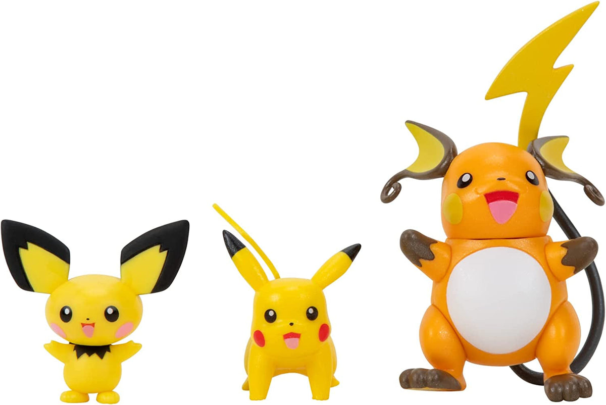 Pokemon PKW2778 Select 3-Pack s Pichu a Pikachu a 7,6 cm Raichu Battle Figures Evolution Multipack Styl 2 akční figurky Naty Shop Multipack - Pichu, Pikachu, Raichu