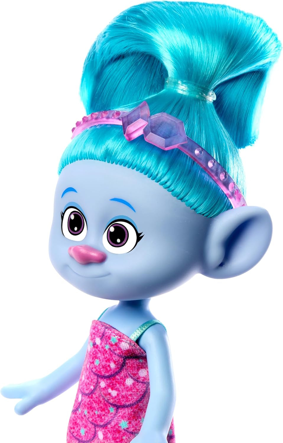 Mattel DREAMWORKS TROLS Gemeinsam Stark – Haarige Überraschungen Žinylková loutka s leuchtend blauem Haar zum Stylen, lila Stirnband, für Kinder ab 3 Jahren, HNF15