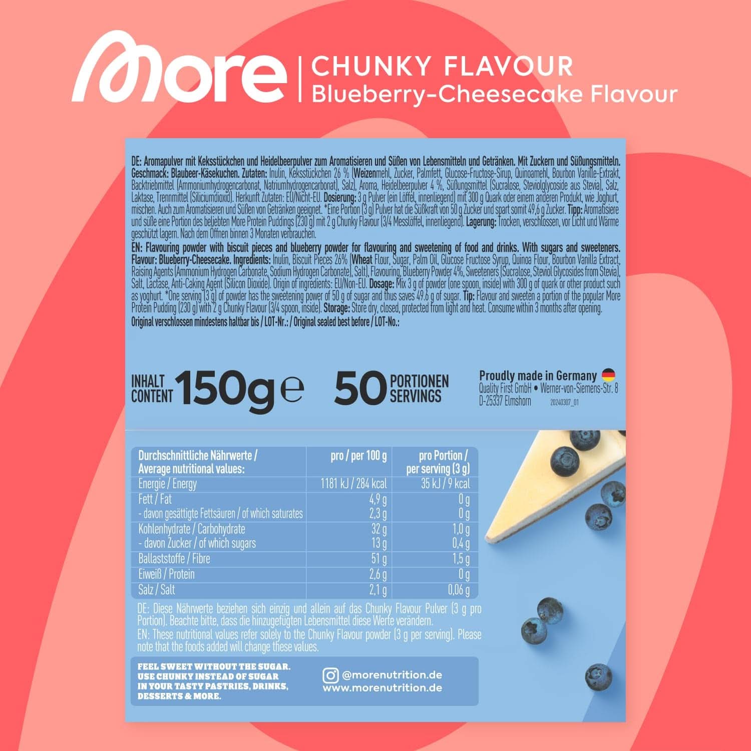 MORE Chunky Flavour, Blueberry Cheesecake, Pudră aromatizantă pentru îndulcire cu inulină și lactază, 150 grame Indulcitori Naty Shop