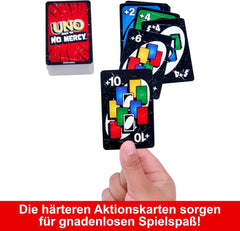 Mattel UNO Show 'em No Mercy – 56 extra karet, náročné akční karty a brutální pravidla hry pro nejnemilosrdnější verzi, pravidlo skládání a výměna rukou, věk 7+, HWV18
