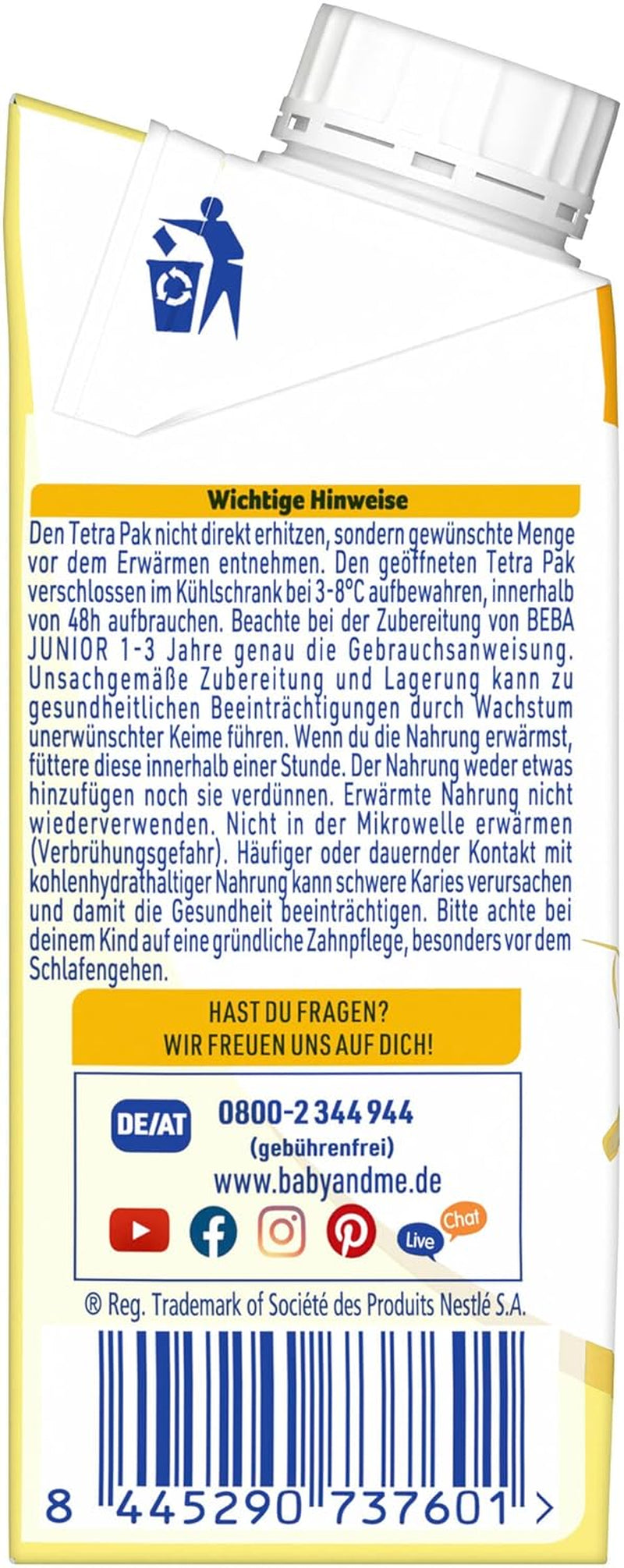 BEBA Junior hotový mléčný nápoj 1-3 roky, s HMO, obsah bílkovin odpovídající věku, bez palmového oleje, bez rybího tuku, krmivo pro batolata, balení 6 ks (6 x 200 ml)