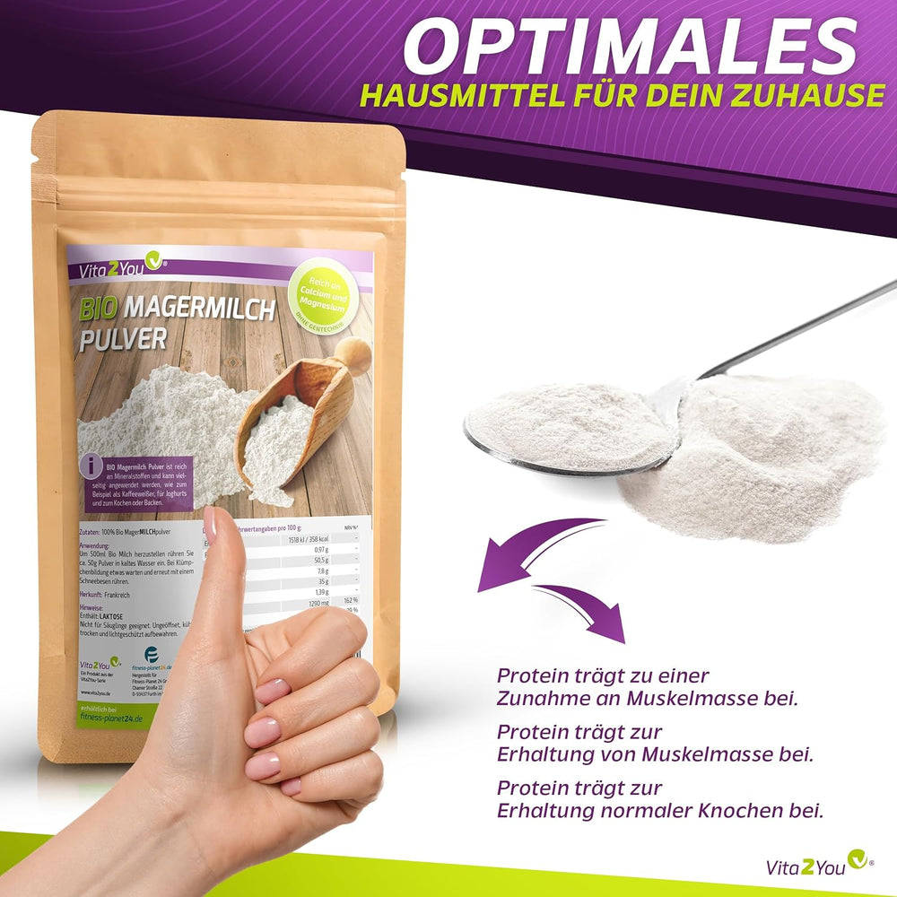 Vita2You Bio sušené odstředěné mléko 1000 g - 100% Bio Qualität - na pečení - Kaffeeweißer - Mléčný prášek pro jogurty - 1 kg - Premium Qualität