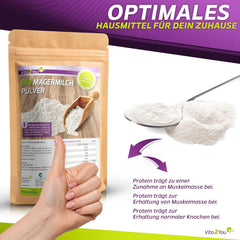 Vita2You Bio sušené odstředěné mléko 1000 g - 100% Bio Qualität - na pečení - Kaffeeweißer - Mléčný prášek pro jogurty - 1 kg - Premium Qualität