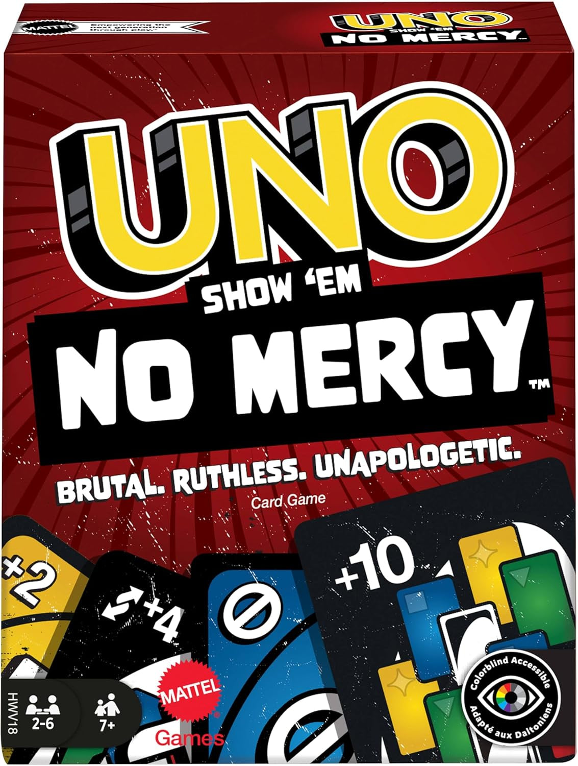 Mattel UNO Show 'em No Mercy – 56 extra karet, náročné akční karty a brutální pravidla hry pro nejnemilosrdnější verzi, pravidlo skládání a výměna rukou, věk 7+, HWV18