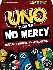 Mattel UNO Show 'em No Mercy – 56 extra karet, náročné akční karty a brutální pravidla hry pro nejnemilosrdnější verzi, pravidlo skládání a výměna rukou, věk 7+, HWV18