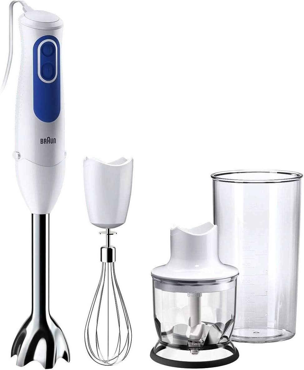 Braun Multiquick 3 MQ 3000 Smoothie+ Stabmixer – Pürierstab Mit 2 Geschwindigkeiten, Powerbell plus Und Splashcontrol-Technologie, 700 Watt, Inkl. 600 Ml Mix- & Messbecher, Blau/Weiß Bucatarie Naty Shop Mq3025 Omelette