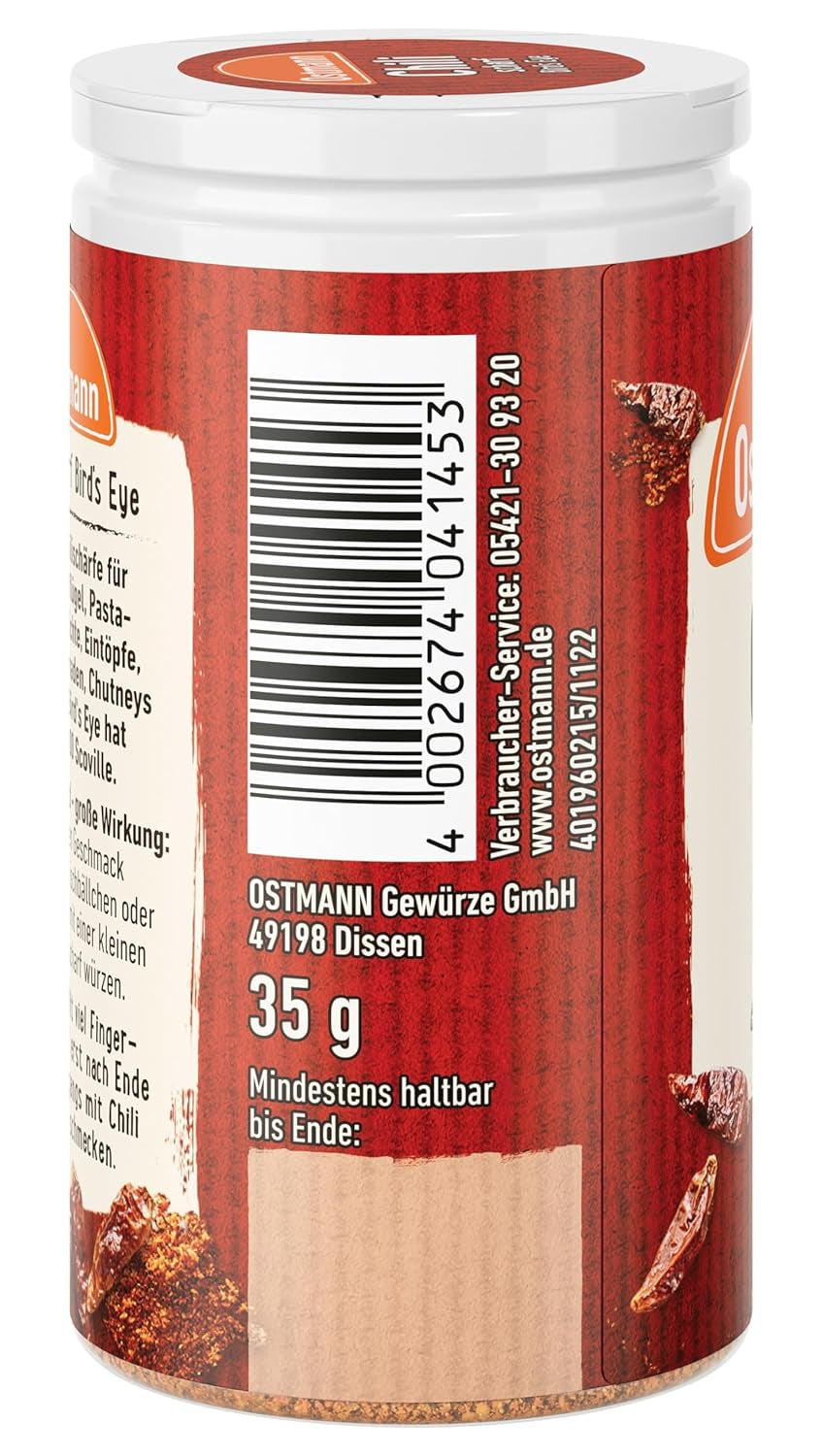 Ostmann Gewürze - Chili scharf Bird's Eye | Féurige Scharfe für Fleischgerichte und Eintöpfe | 35 g v Der Streudose