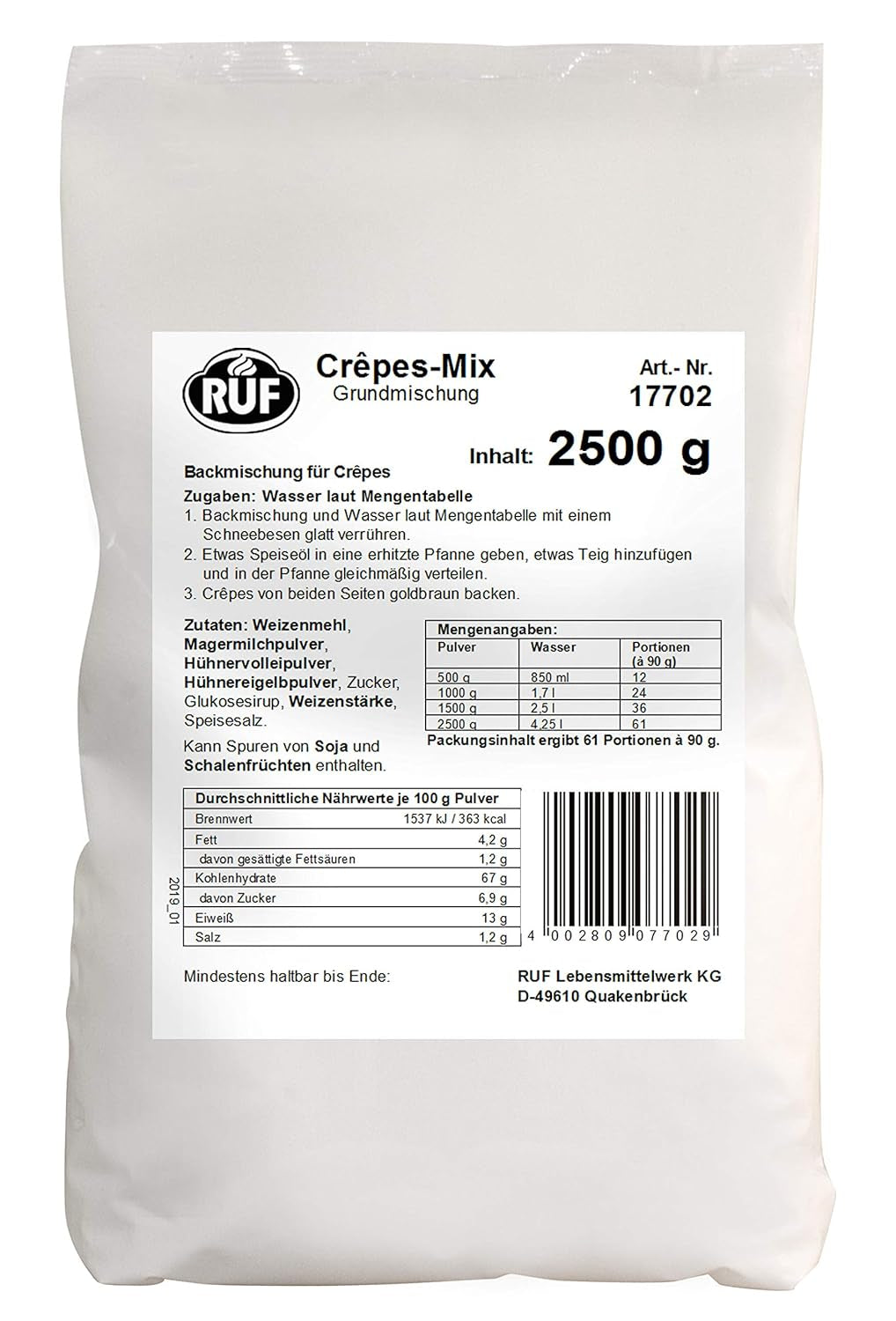 RUF Waffel-Mix, Großpackung, Grundmischung Zur Herstellung Von Waffeln Im Waffeleisen, Für Großküchen, Kantinen, Hotels Und Restaurants, 1 X 2500G Směs na pečení a vaření Naty Shop Crêpesteig Single