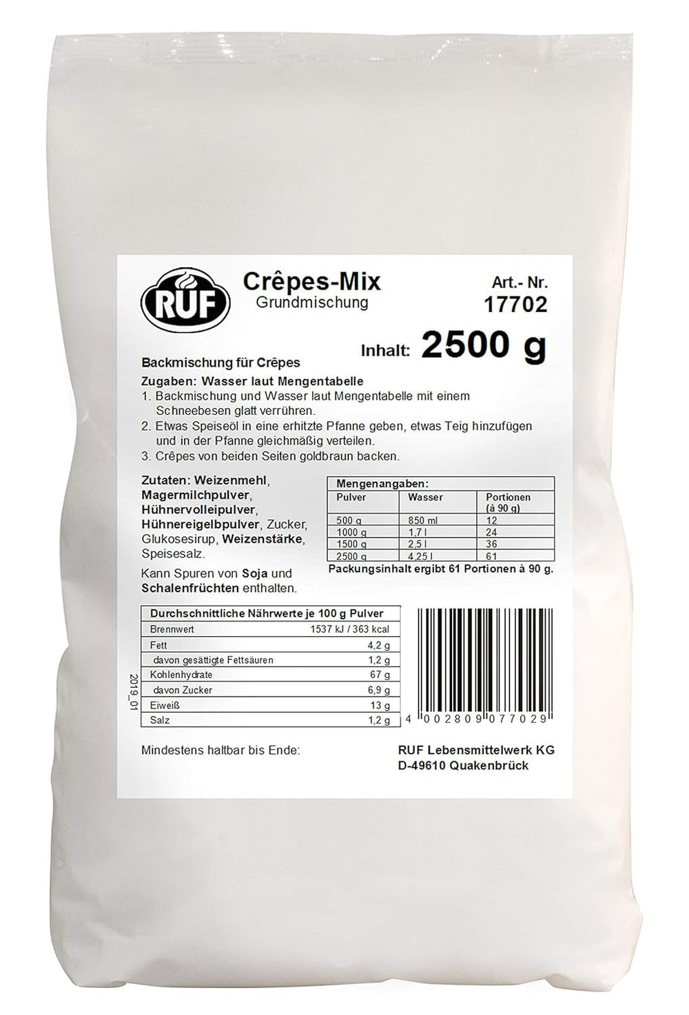 RUF Waffel-Mix, Großpackung, Grundmischung Zur Herstellung Von Waffeln Im Waffeleisen, Für Großküchen, Kantinen, Hotels Und Restaurants, 1 X 2500G Směs na pečení a vaření Naty Shop Crêpesteig Single