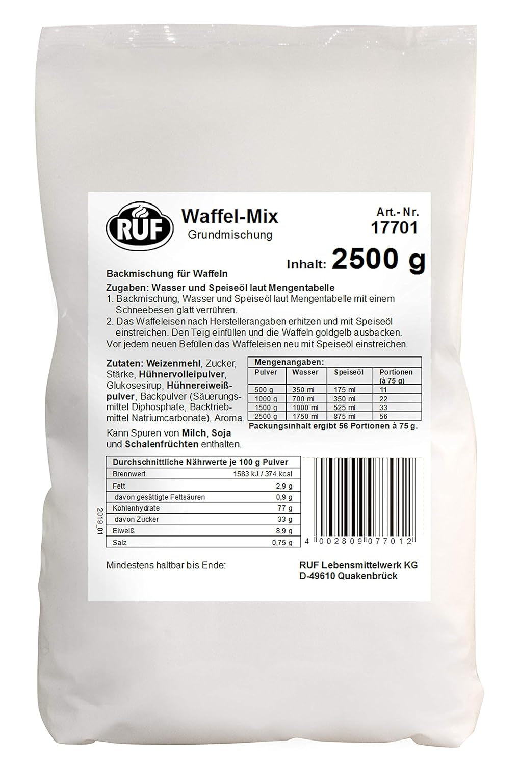 RUF Waffel-Mix, Großpackung, Grundmischung Zur Herstellung Von Waffeln Im Waffeleisen, Für Großküchen, Kantinen, Hotels Und Restaurants, 1 X 2500G Amestec pentru copt si gatit Naty Shop Waffelteig Single