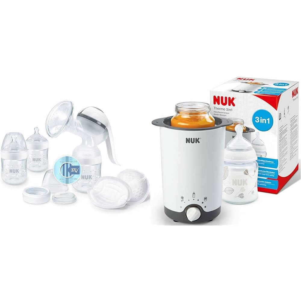 NUK Nature Sense Manuální odsávačka mateřského mléka | Kojící set s manuální odsávačkou mateřského mléka, lahvičkami a podložkami Ultra Dry Comfort | 6 kusů Příslušenství pro potraviny a kojení Bebe Naty Shop Balíček s ohřívačem lahví S regulací teploty