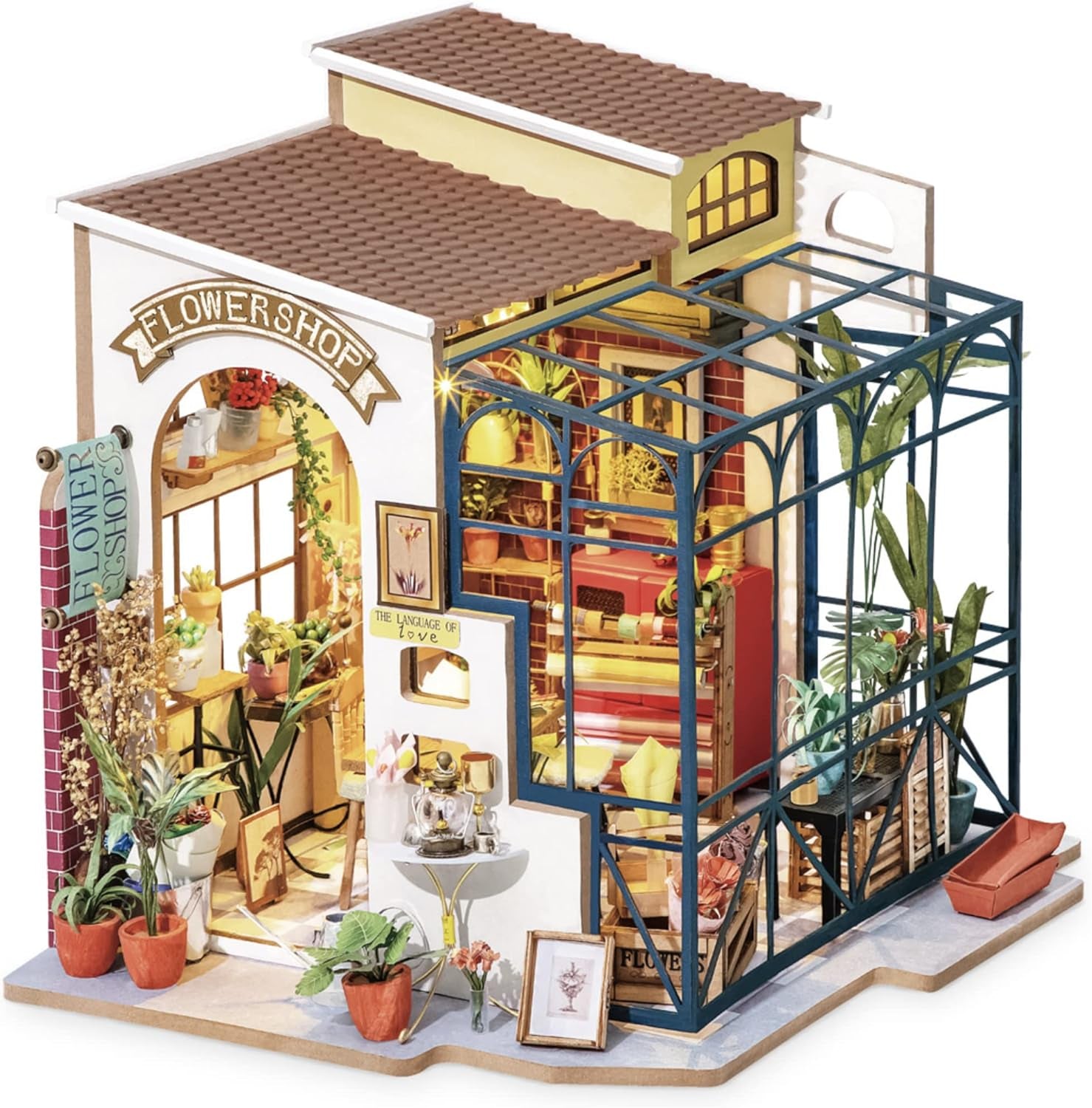 Robotime DG145 Rolife Miniaturní domeček pro panenky Emily's Flower Shop Vyrobeno ze dřeva, kovu, látky a kartonu, Rozměry: 22 X 15 X 17 cm, Domky pro panenky Naty Shop