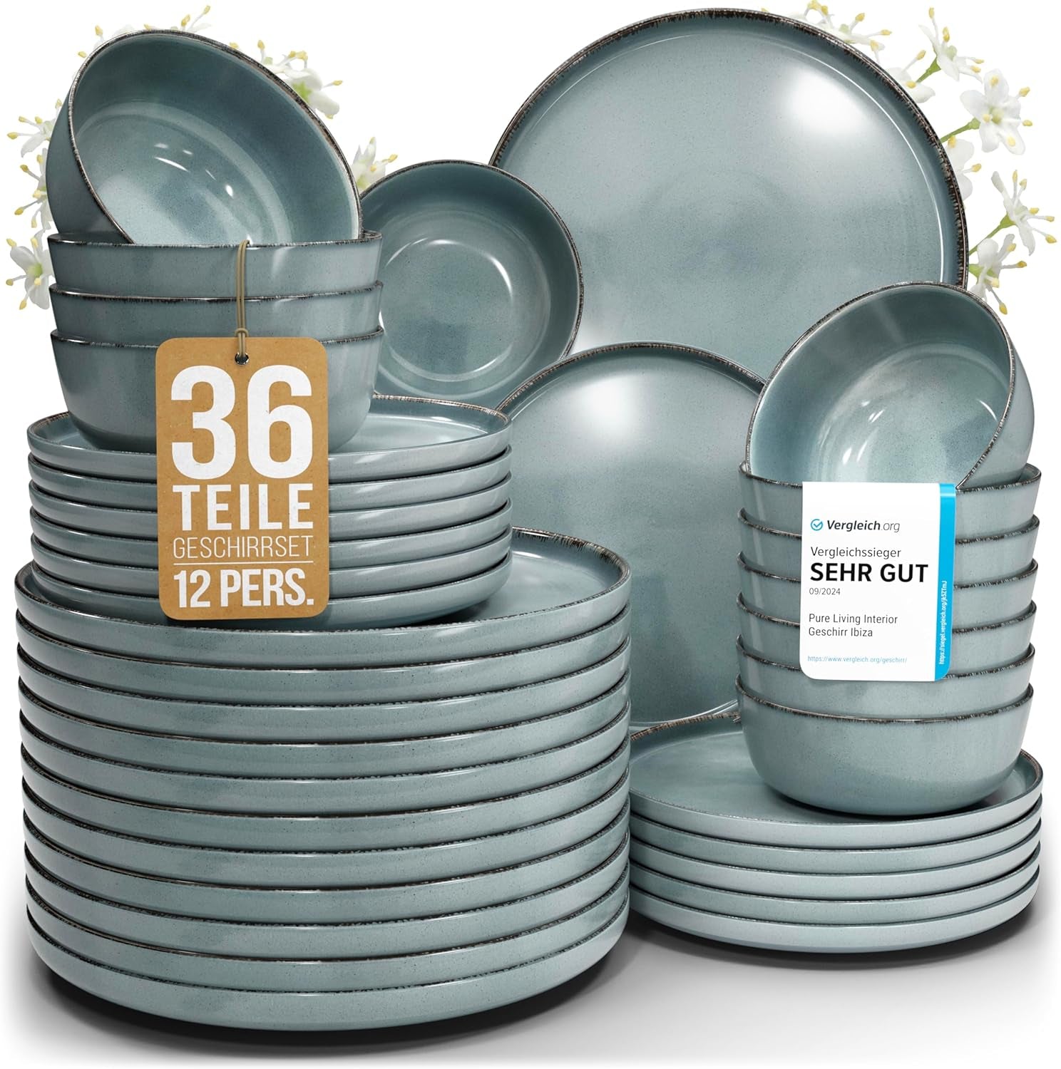 Steingut Geschirrset 12 Personen Rustic 36 tlg. TESTSIEGER, Hochwertiges Landhaussttil Steingut Geschirr Set, Schüssel- und Teller Set, Tafelservice 12 Personen, Geschirrsets Pure Living in Rauchblau
