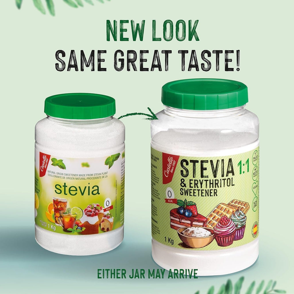 Stevia + Erythrit 1:1 Süßstoff | 1G = 1G Zucker | 100% Natürlicher Zuckerersatz - 0 Kalorien - 0 Glykämischer Index - Keto Und Paleo - 0 Netto-Kohlenhydrate - Kein GVO - Castello since 1907-1 Kg Indulcitori Naty Shop