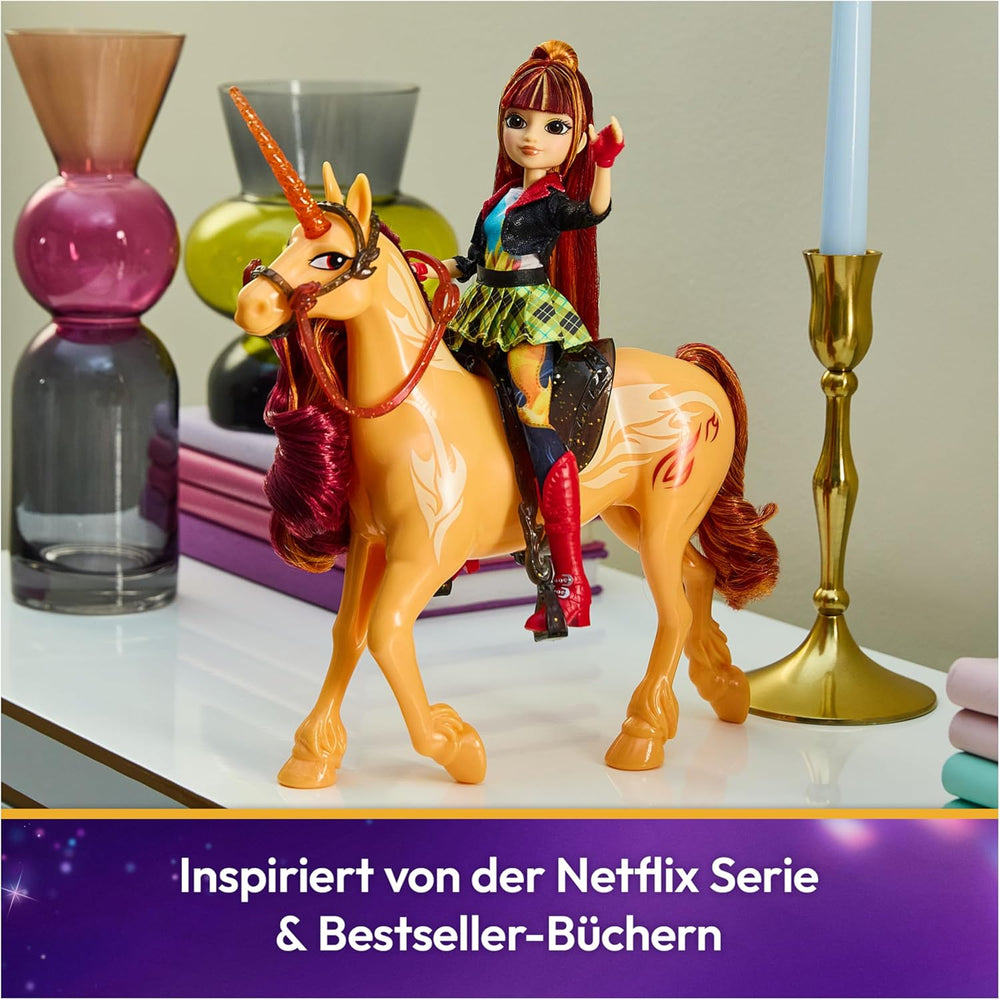 Unicornul Cinder de la Unicorn Academy - 28 cm înălțime, unicorn original de Valentina din serialul Netflix, cu coamă și coadă reale, frâu și șa detașabile și perie, pentru copii cu vârsta de 4 ani și peste
