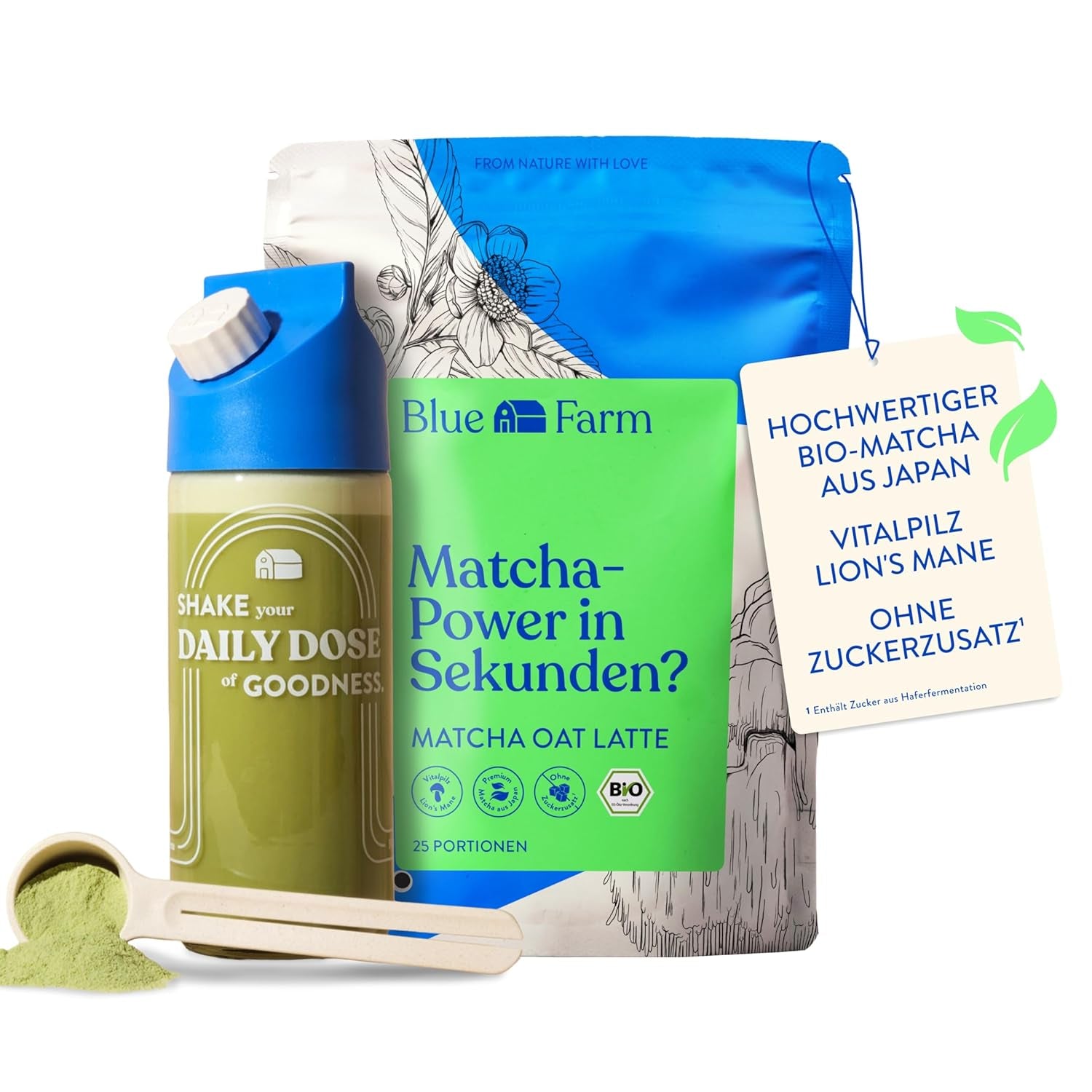 Blue Farm Bio Matcha Oat Latte auf Haferbasis ohne Zuckerzusatz - Mit dem Vitalpilz Lion's Mane - Vegan - bez laktózy a lepku (300 g, Matcha)