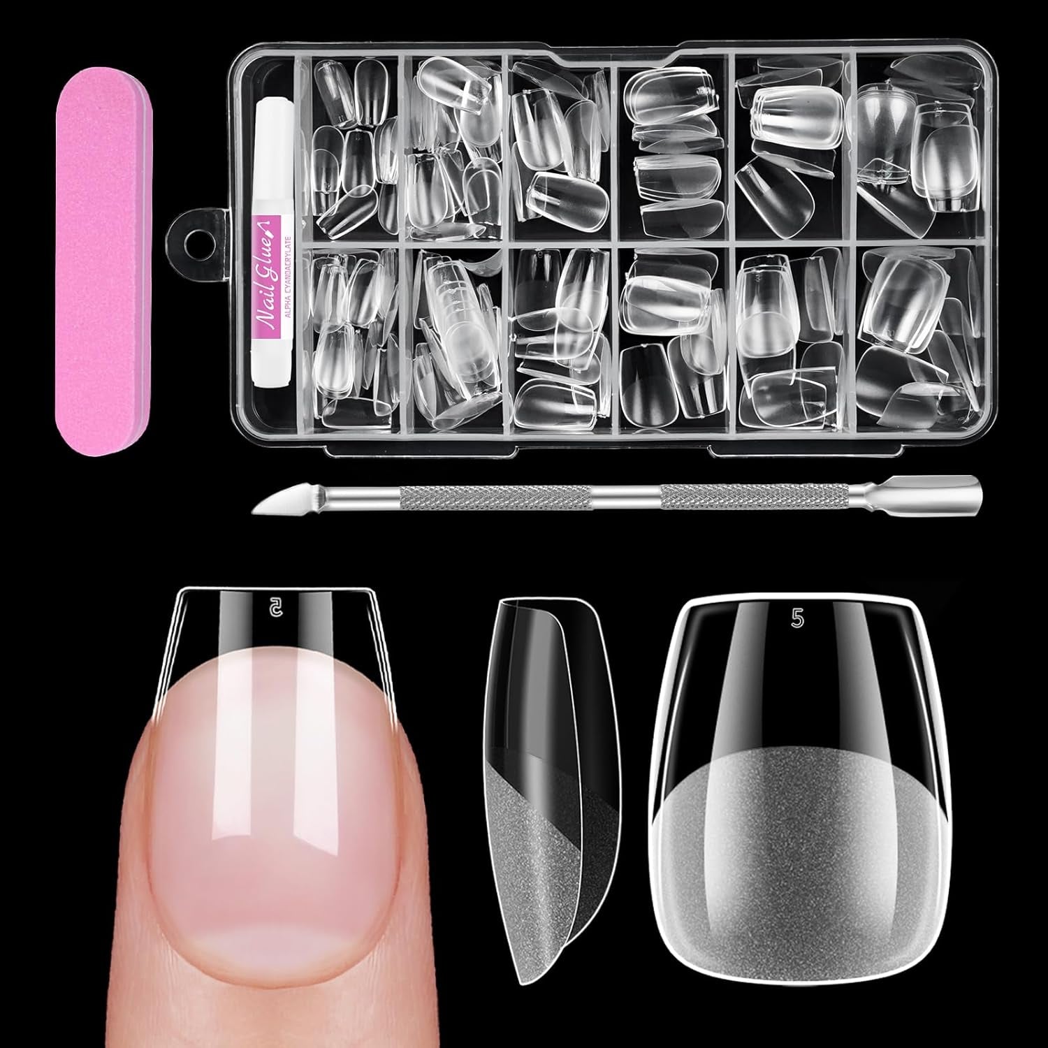 Unghii scurte cu acoperire completă, 120 de bucăți, 12 dimensiuni, vârfuri de unghii scurte pentru unghii cu gel, unghii artificiale pentru lipire, set de unghii cu pile de lipit, lustruitor de unghii, împingător de cuticule