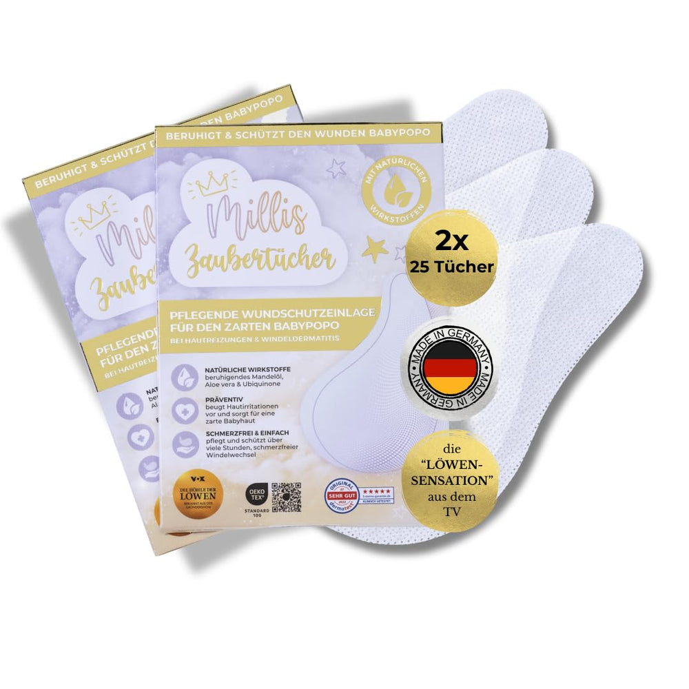 Millis Zaubertücher bei Windeldermatitis Baby, Bekannt aus "Die Höhle der Löwen", 25 Tücher (1 x 25er) s Aloe Vera, Mandelöl & Q10 - Pflegt, Schützt & dient als Wundschutz bei gereizter Haut