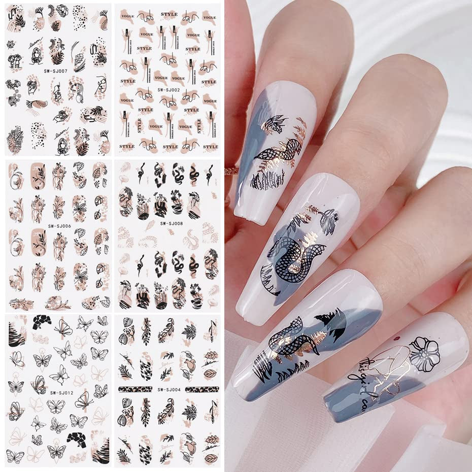 JMEOWIO Nagelsticker Rose Gold Schwarze Blume 12 Blatt Nail Art Sticker Selbstklebend Nagelaufkleber Frühlings Linie Abstraktes Blatt Dekoration Nageldesign Zubehör